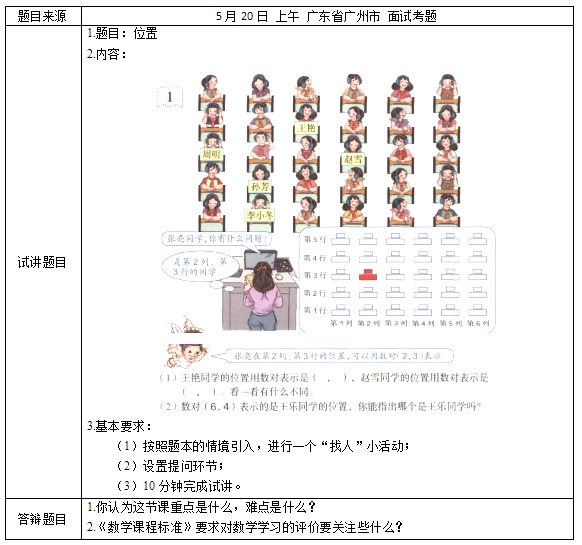 2018上半年小學數學教師資格證面試真題及答案：《位置》考題回顧